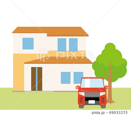 一戸建て、一軒家のイラスト(二階建て)と車、植木、芝生の背景_マイホーム、木造住宅_ベクターデータ 一戸建て、一軒家のイラスト(二階建て)と車、植木、芝生の背景_マイホーム、木造住宅_ベクターデータ 69033255