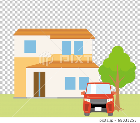 Detached house, single house illustration (two-story) and car, plant, lawn background_my home, wooden house_vector data 69033255