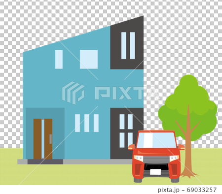 Detached house, single house illustration (two-story) and car, plant, lawn background_my home, wooden house_vector data 69033257