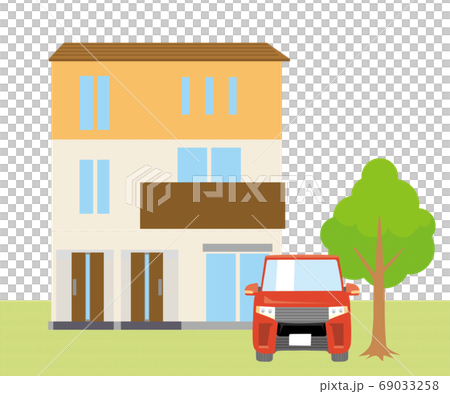 Single-family, single-house illustration (three-story two-family house) and car, plant lawn background _ my home, vector data 69033258