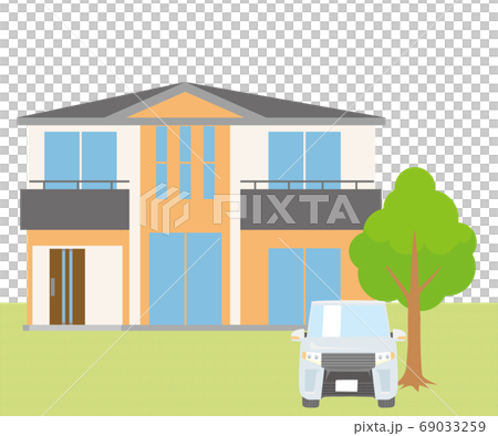 Single-family, single-family illustration (two-story) and plant, car, lawn background_my home, wooden house_vector data 69033259