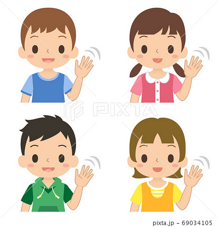 笑顔で手を振って挨拶する女の子と男の子 セット 子ども イラストのイラスト素材