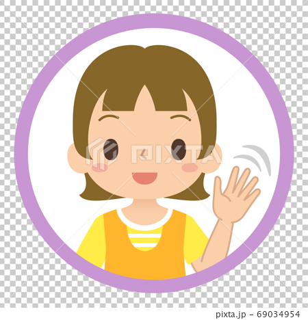 笑顔で手を振って挨拶する女の子のアイコン 子ども イラストのイラスト素材