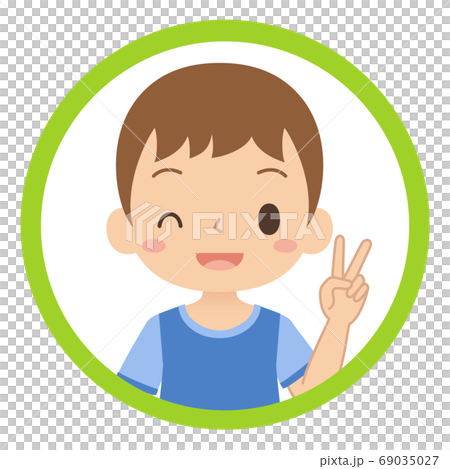 Icon illustration of a boy making a peace sign with a smile, child illustration Icon illustration of a boy making a peace sign with a smile, child illustration 69035027