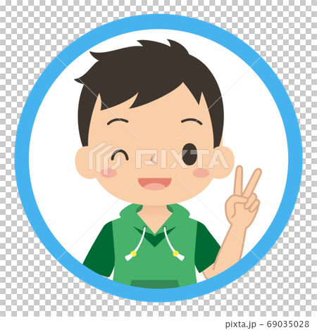 笑顔でピースサインをする男の子のアイコン 子ども イラストのイラスト素材