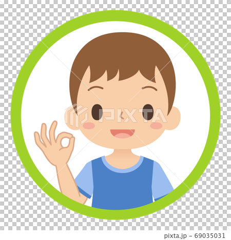 Icon of a boy who smiles and gives an OK sign Child illustration Icon of a boy who smiles and gives an OK sign Child illustration 69035031