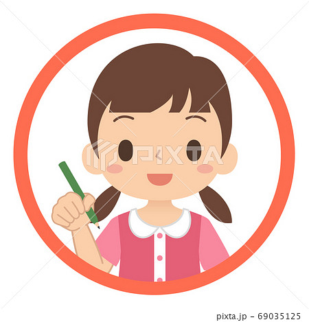 笑顔で鉛筆を持つ女の子のアイコン 子ども イラストのイラスト素材