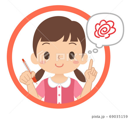 笑顔で赤ペンを持って答え合わせをする女の子のアイコン 子ども イラストのイラスト素材