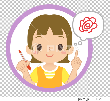 Icon of a girl smiling with a red pen and having an answer Icon of a girl smiling with a red pen and having an answer 69035160
