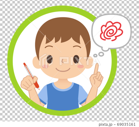 Icon of a boy who smiles and holds a red pen to answer questions Illustration of a child 69035161