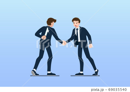 Two Businessmen standing and shake hands each other for cooperation and make a deal. But the first one is holding knife behind his back and ready to betrayal. 69035540