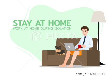 Young business man is sitting and working with laptop on the sofa at home with his dog. Online job in social for safety and to protect him from Corona virus. Vector illustration flat design. 69035545