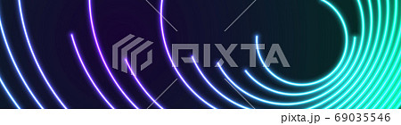Bright cyan and violet neon circular lines abstract tech banner 69035546