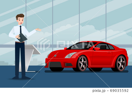 A happy businessman, salesman is standing and present  his luxury car that parked in the show room.Vector illustration design. 69035592