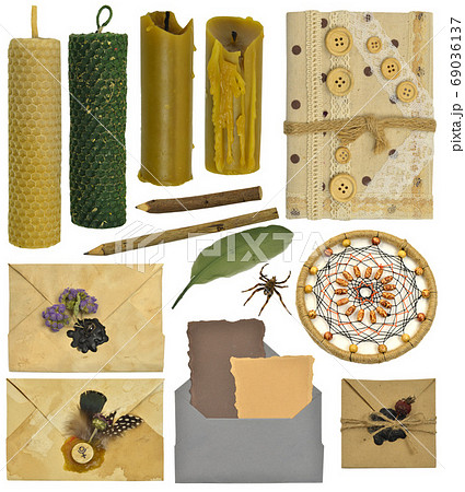 Design set with hand crafted books and decorated envelopes, candles. Mystic concept. Collection of vintage objects isolated on white background Design set with hand crafted books and decorated envelopes, candles. Mystic concept. Collection of vintage objects isolated on white background 69036137