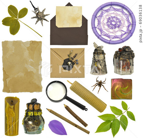 Design set with magic witch bottles, four-leaf clover, candle and hand crafted envelopes. Mystic Halloween concept. Collection of vintage objects isolated on white background Design set with magic witch bottles, four-leaf clover, candle and hand crafted envelopes. Mystic Halloween concept. Collection of vintage objects isolated on white background 69036138