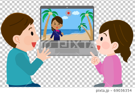 Illustrations of men and women who feel like traveling abroad on an online tour Illustrations of men and women who feel like traveling abroad on an online tour 69036354