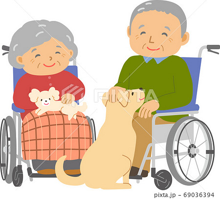 車椅子のシニア男女 ドッグセラピー 老人ホームのイラスト素材