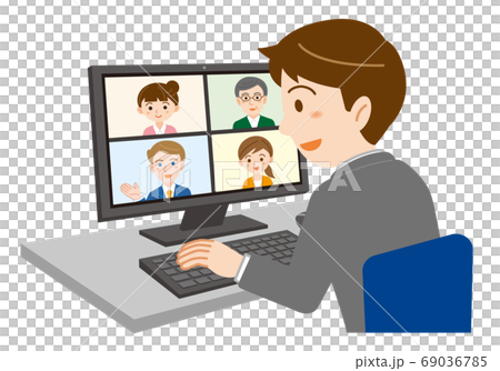 オフィスのパソコンでオンライン会議に参加する男性のイラスト 白背景のイラスト素材