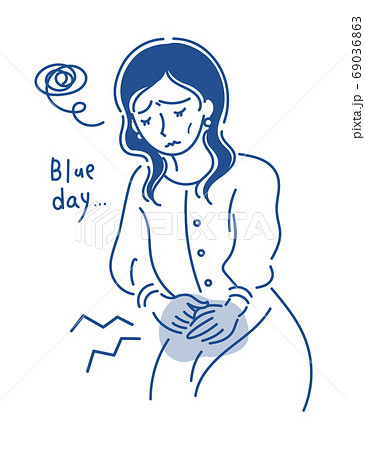 生理痛に悩む女性のイラスト 線画 ブルー 1c のイラスト素材