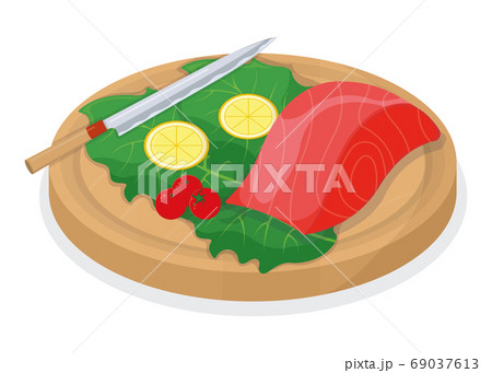 Cut up tuna fish and salmon minnow on wooden kitchen board conce Cut up tuna fish and salmon minnow on wooden kitchen board conce 69037613
