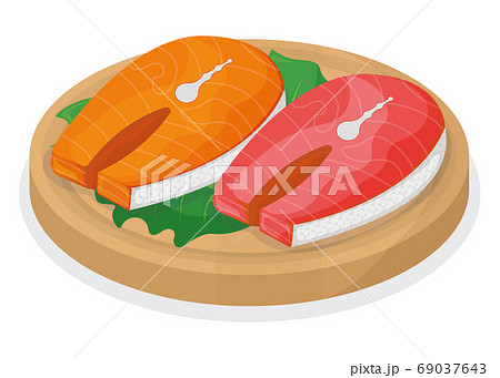 Piece fish tuna salmon, fresh steak tenderloin on wooden kitchen Piece fish tuna salmon, fresh steak tenderloin on wooden kitchen 69037643