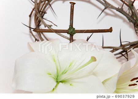 Crown of Thorns, crucifix and Easter white Lily 69037929
