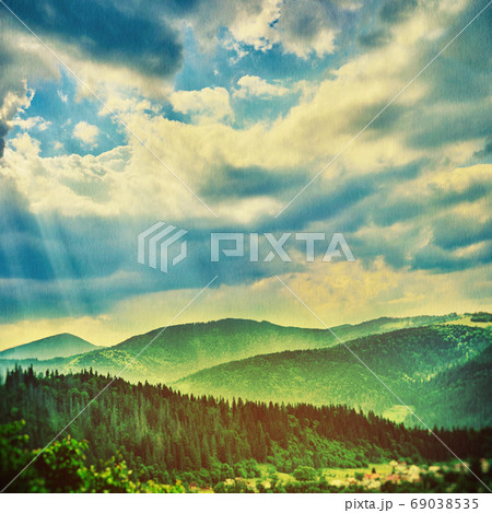 Fairy Tale Forest in Retro Style. Paper Vintage Textured. Mountain Landscape 69038535