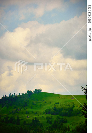 Fairy Tale Forest in Retro Style. Paper Vintage Textured. Mountain Landscape 69038555