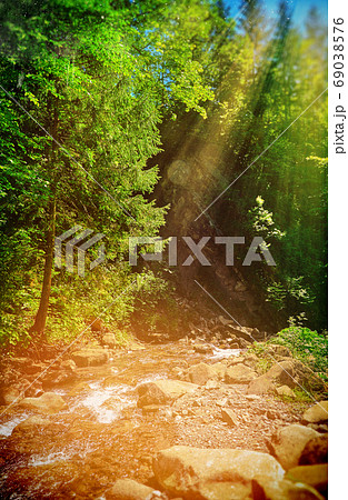 Fairy Tale Forest in Retro Style. Paper Vintage Textured. Mountain Landscape Fairy Tale Forest in Retro Style. Paper Vintage Textured. Mountain Landscape 69038576