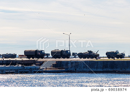 Military vehicles at a pier in Kronstadt, Russia 69038974