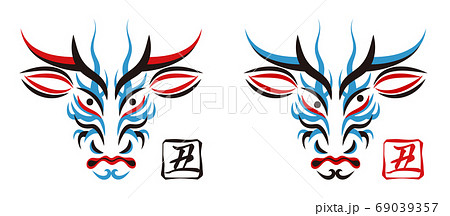 ウシの顔のデザイン 日本の伝統芸能 歌舞伎の顔のメイク 隈取り イラスト セット ベクターのイラスト素材