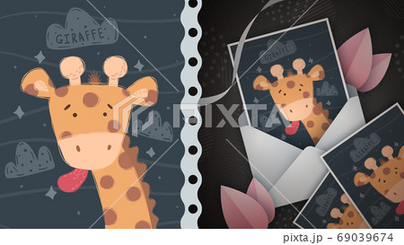 Crazy giraffe illustration - idea for greeting card. 69039674