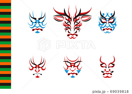 年賀状 ウシの顔のデザイン 日本の伝統芸能 歌舞伎の顔のメイク 隈取り イラスト セット ベクターのイラスト素材