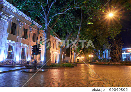 night view of Primorsky boulevard in Odessa city, Ukraine. Beautiful city Park and street illumination 69040306
