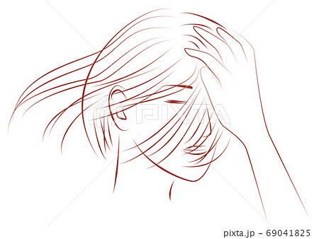 風に髪をなびかせる女性の線画イラストのイラスト素材