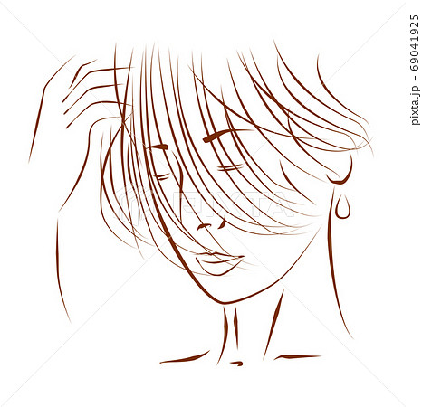 手で髪をかきあげる女性の線画イラストのイラスト素材