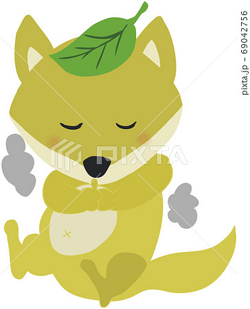 葉っぱを頭にのせて化かすかわいい狐のイラストのイラスト素材