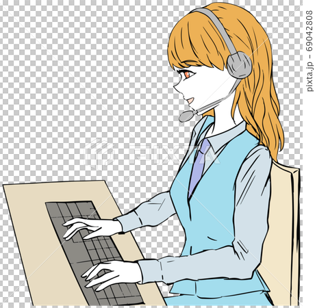コールセンターでキーボードを打つ女性のオペレーターのイラストのイラスト素材