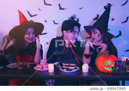 Young Thai People in Costumes Celebrating Halloween. Group of Yo Young Thai People in Costumes Celebrating Halloween. Group of Yo 69042980