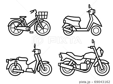 バイク オートバイ と自転車のアイコンセット 線画のみ のイラスト素材