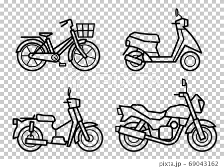 バイク オートバイ と自転車のアイコンセット 線画のみ のイラスト素材