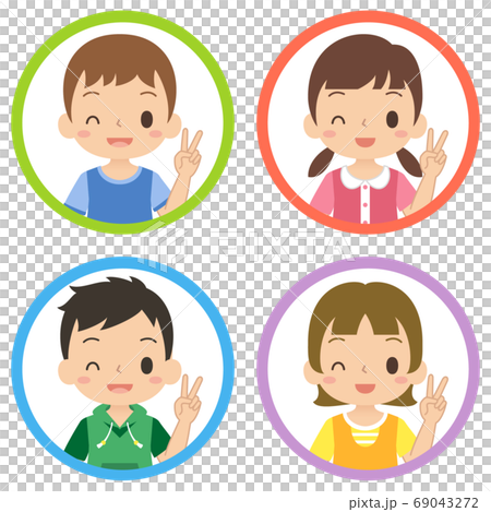 圖標集兒童插圖的女孩和男孩做和平標誌帶著微笑 圖標集兒童插圖的女孩和男孩做和平標誌帶著微笑 69043272