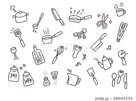 なべやフライパンなどのキッチンで使う調理器具の手描き線画イラストのイラスト素材