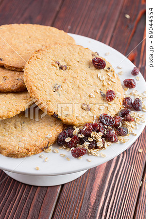 Oat cookies served on wooden table close up 69044554