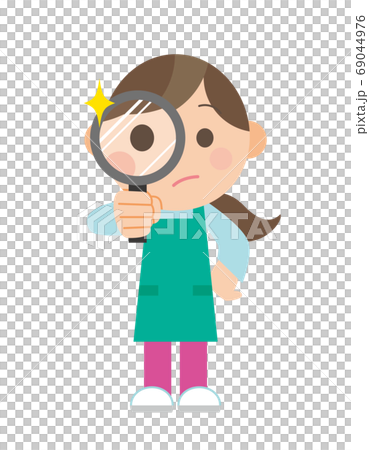 虫眼鏡で探すエプロン姿の女性のイラスト素材