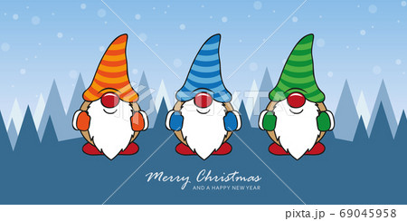 christmas greeting card with cute christmas dwarf and snowy landscape christmas greeting card with cute christmas dwarf and snowy landscape 69045958