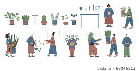 Plant lover. Man with indor flower pot. Vector 69046512