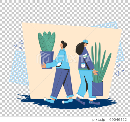 Plant lover. Man with indor flower pot. Vector 69046522