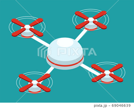 Drone vector copter icon. Flat bicolor red and white aircraft symbol, rounded angles blue background 69046639